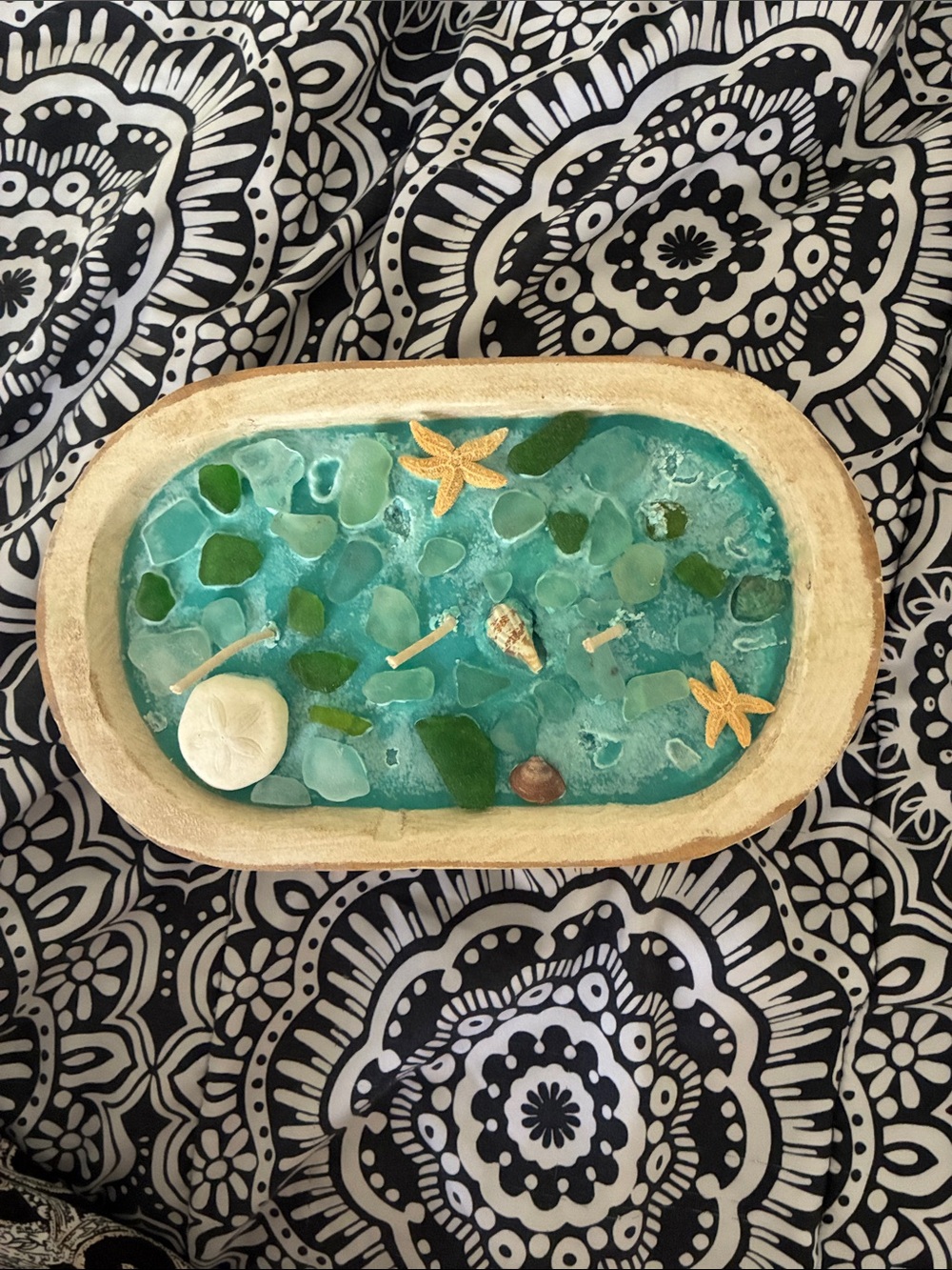 Coastal Blue dough bowl candle with Sea Glass, Starfish, & Shells